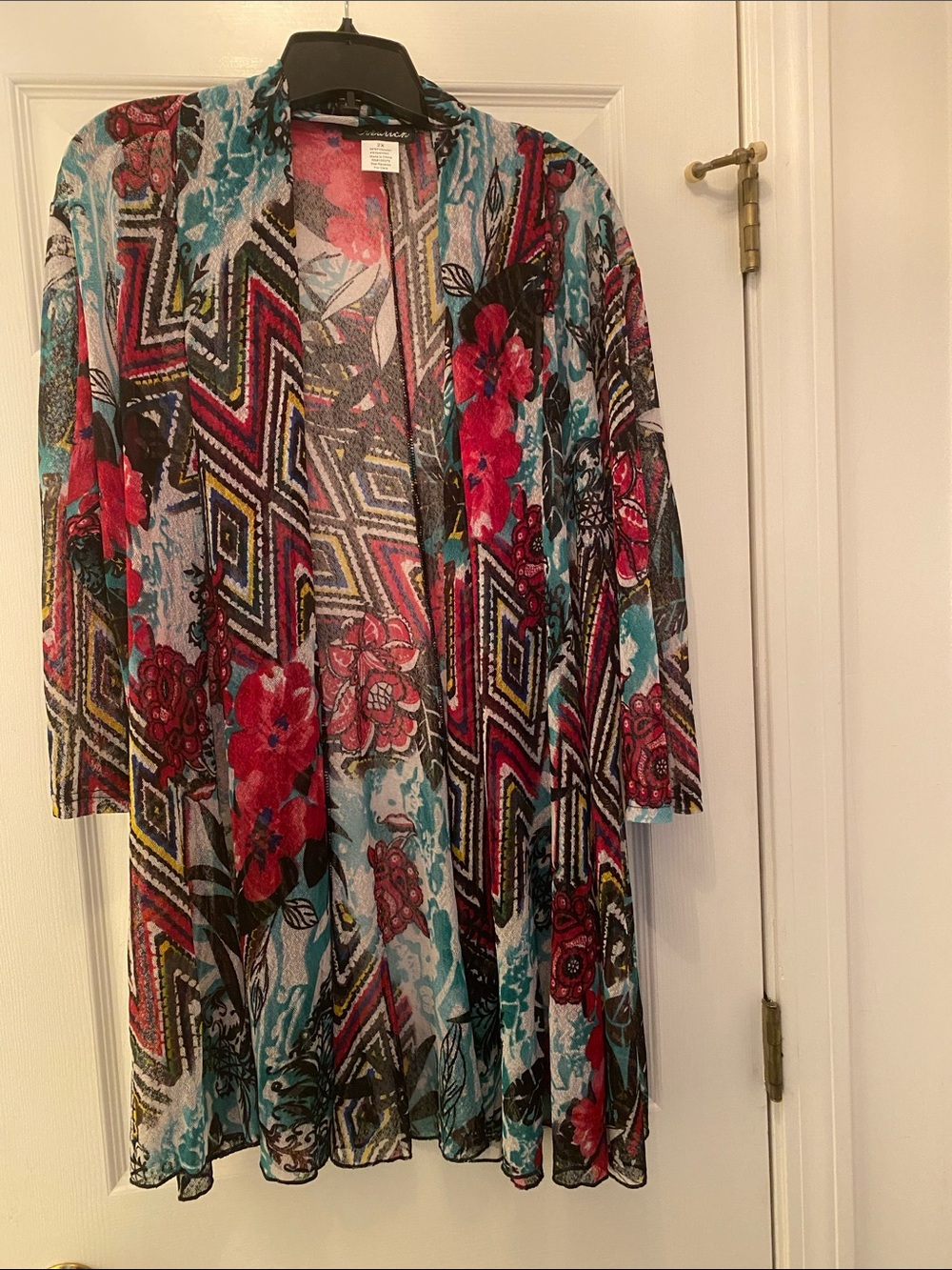 Boho Floral Print Open-Front Kimono Cardigan - pink teal yellow white